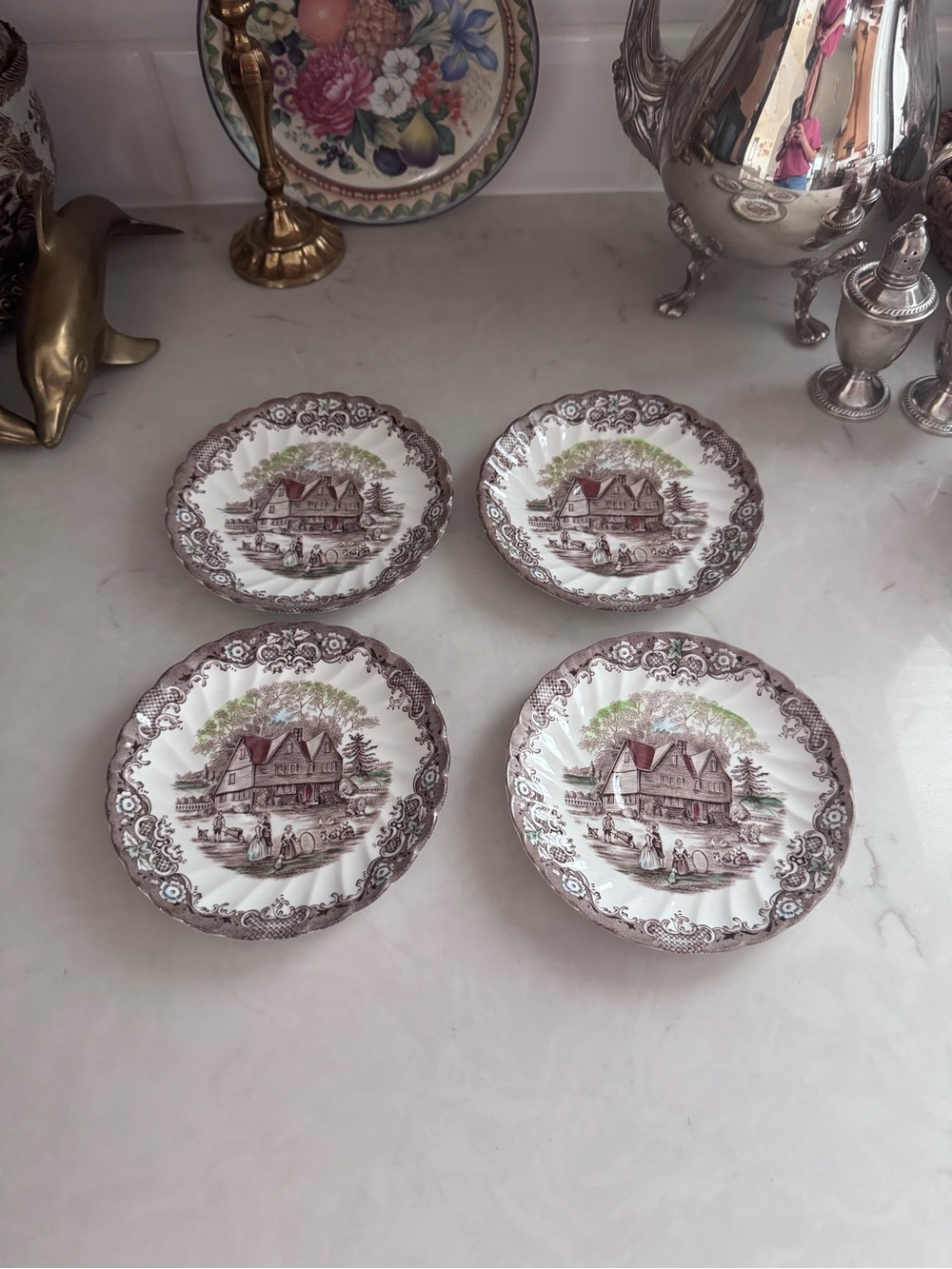Vintage Johnson Bros Heritage Hall StaffordShire England Teacup Saucers Set of 4